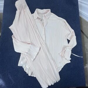 Charcoal Shirt Pants Set Womens Size 8 Blush Pink Pleated Lounge Long Sleeve New